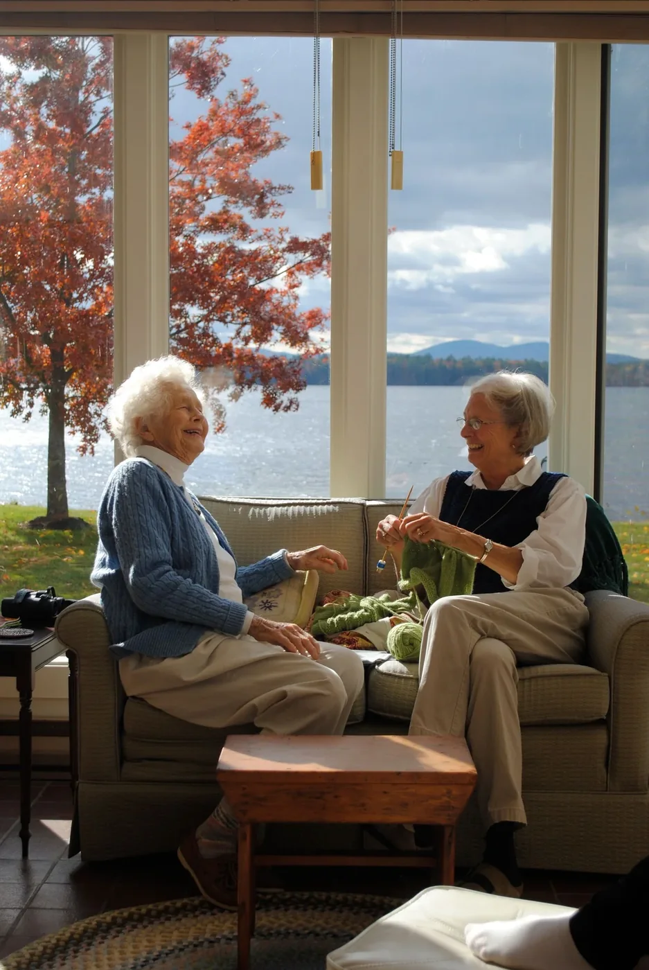 Two older women enjoying a conversation beside a bright window